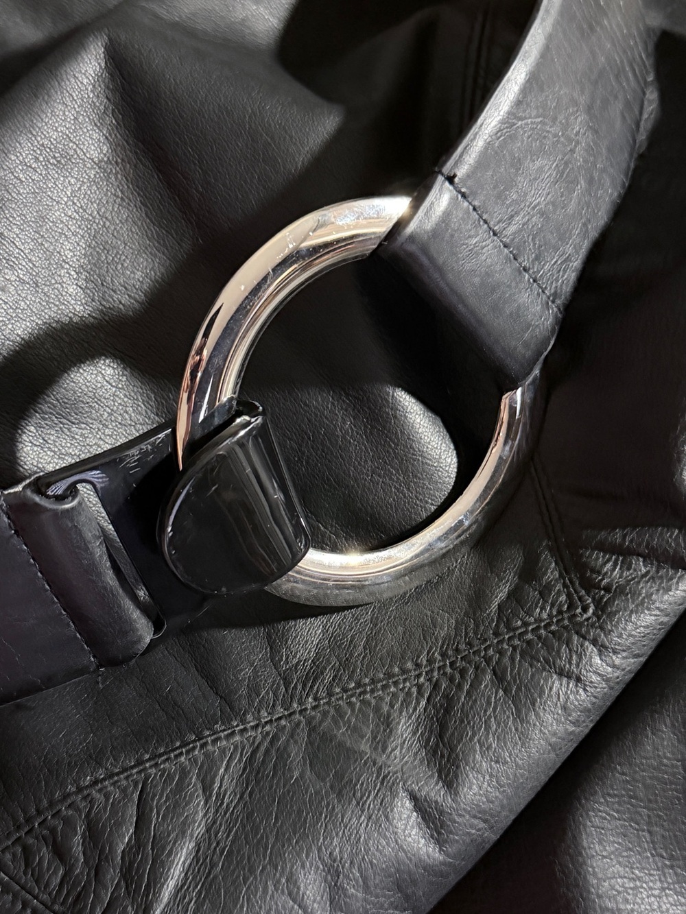 Chicos Black Leather Shoulder Bag with Silver Ring Detail